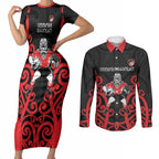 Counties Manukau Custom Rugby New Zealand Couples Matching Short Sleeve Bodycon Dress and Long Sleeve Button Shirt Aotearoa Maori Pukana Tiki Mascot