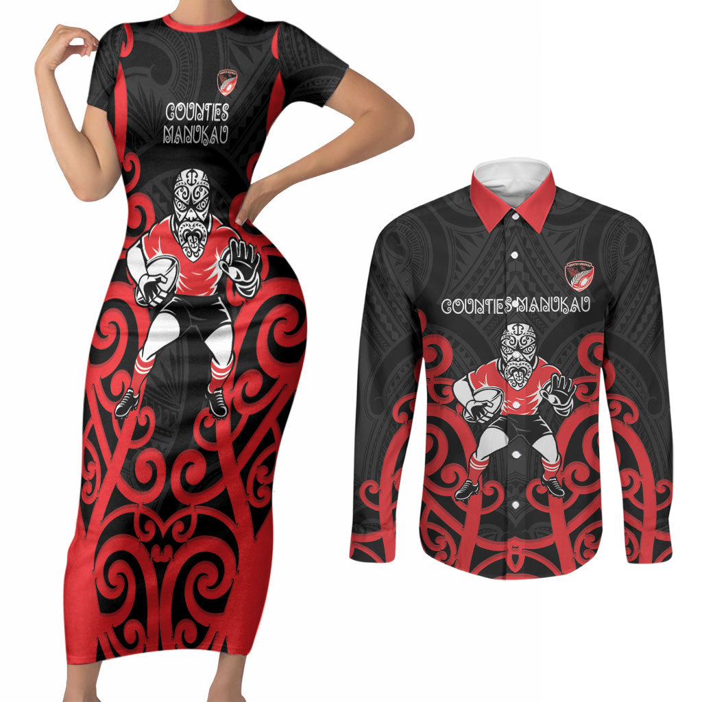 Counties Manukau Custom Rugby New Zealand Couples Matching Short Sleeve Bodycon Dress and Long Sleeve Button Shirt Aotearoa Maori Pukana Tiki Mascot