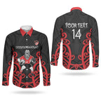Counties Manukau Custom Rugby New Zealand Couples Matching Short Sleeve Bodycon Dress and Long Sleeve Button Shirt Aotearoa Maori Pukana Tiki Mascot