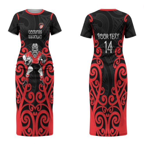 Counties Manukau Custom Rugby New Zealand Couples Matching Short Sleeve Bodycon Dress and Long Sleeve Button Shirt Aotearoa Maori Pukana Tiki Mascot