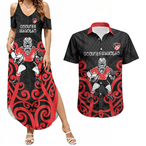 Counties Manukau Custom Rugby New Zealand Couples Matching Summer Maxi Dress and Hawaiian Shirt Aotearoa Maori Pukana Tiki Mascot