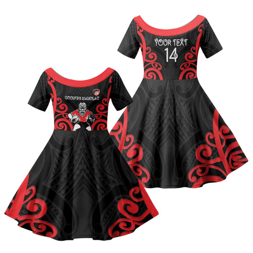 Counties Manukau Custom Rugby New Zealand Family Matching Off Shoulder Maxi Dress and Hawaiian Shirt Aotearoa Maori Pukana Tiki Mascot