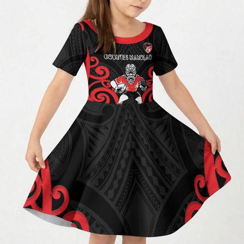 Counties Manukau Custom Rugby New Zealand Kid Short Sleeve Dress Aotearoa Maori Pukana Tiki Mascot