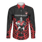 Counties Manukau Custom Rugby New Zealand Long Sleeve Button Shirt Aotearoa Maori Pukana Tiki Mascot