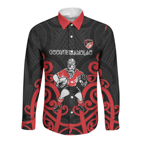 Counties Manukau Custom Rugby New Zealand Long Sleeve Button Shirt Aotearoa Maori Pukana Tiki Mascot