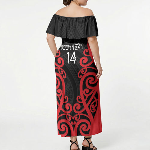 Counties Manukau Custom Rugby New Zealand Off Shoulder Maxi Dress Aotearoa Maori Pukana Tiki Mascot
