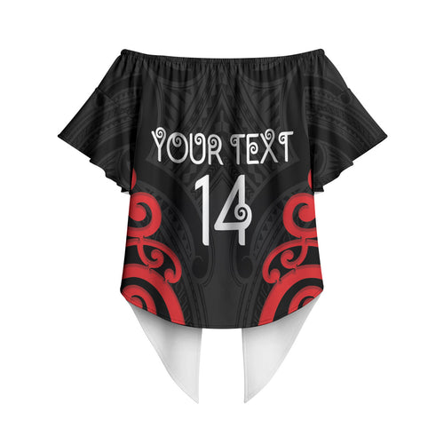 Counties Manukau Custom Rugby New Zealand Off Shoulder Wrap Waist Top Aotearoa Maori Pukana Tiki Mascot