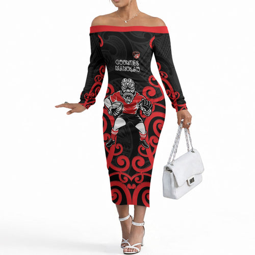Counties Manukau Custom Rugby New Zealand Off The Shoulder Long Sleeve Dress Aotearoa Maori Pukana Tiki Mascot