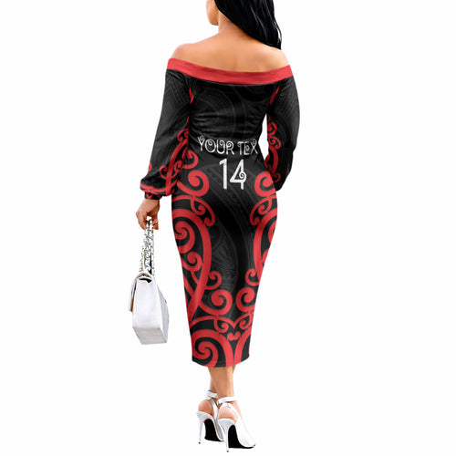 Counties Manukau Custom Rugby New Zealand Off The Shoulder Long Sleeve Dress Aotearoa Maori Pukana Tiki Mascot