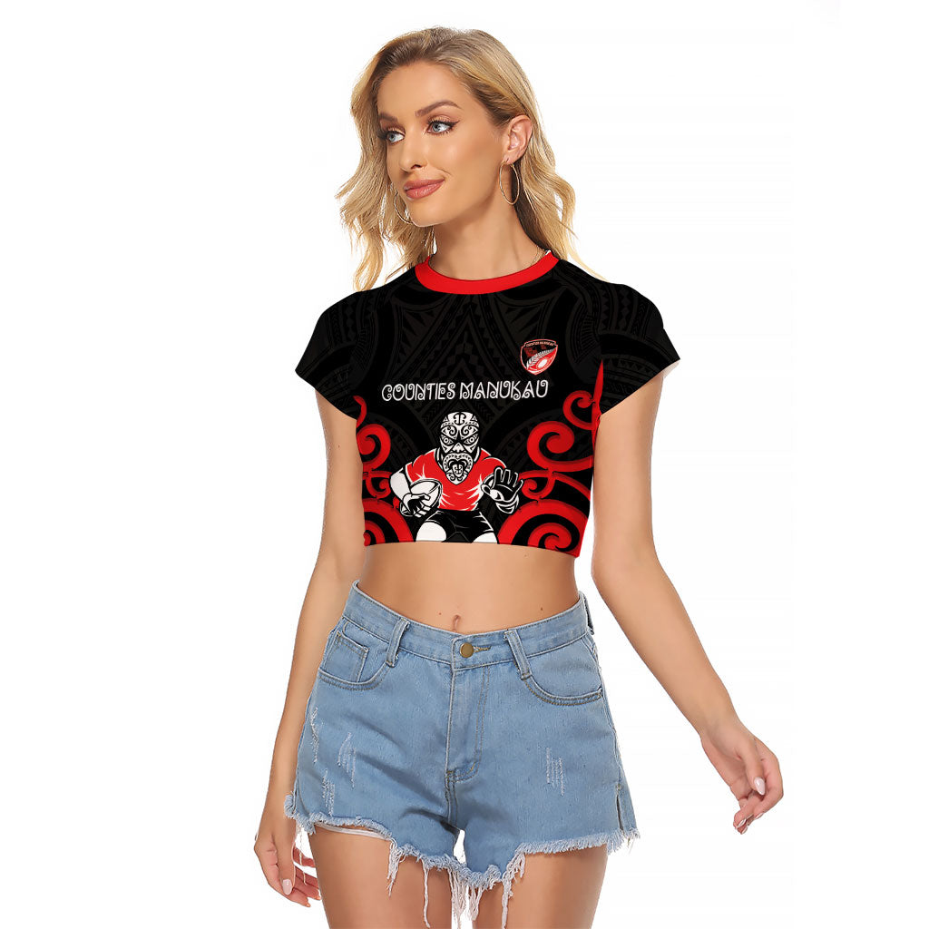 Counties Manukau Custom Rugby New Zealand Raglan Cropped T Shirt Aotearoa Maori Pukana Tiki Mascot