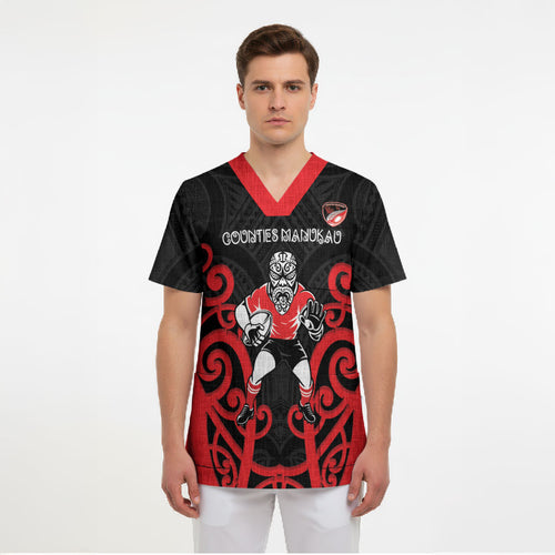 Counties Manukau Custom Rugby New Zealand Scrub Top Aotearoa Maori Pukana Tiki Mascot