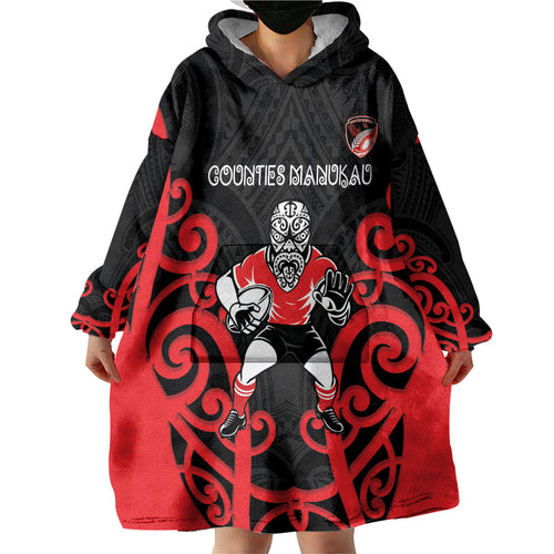 Counties Manukau Custom Rugby New Zealand Wearable Blanket Hoodie Aotearoa Maori Pukana Tiki Mascot