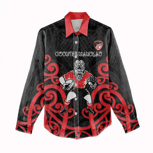 Counties Manukau Custom Rugby New Zealand Women Casual Shirt Aotearoa Maori Pukana Tiki Mascot