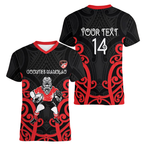 Counties Manukau Custom Rugby New Zealand Women V-Neck T-Shirt Aotearoa Maori Pukana Tiki Mascot