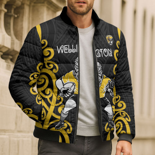 Wellington Custom Rugby New Zealand Bomber Puffer Jacket Aotearoa Maori Pukana Tiki Mascot