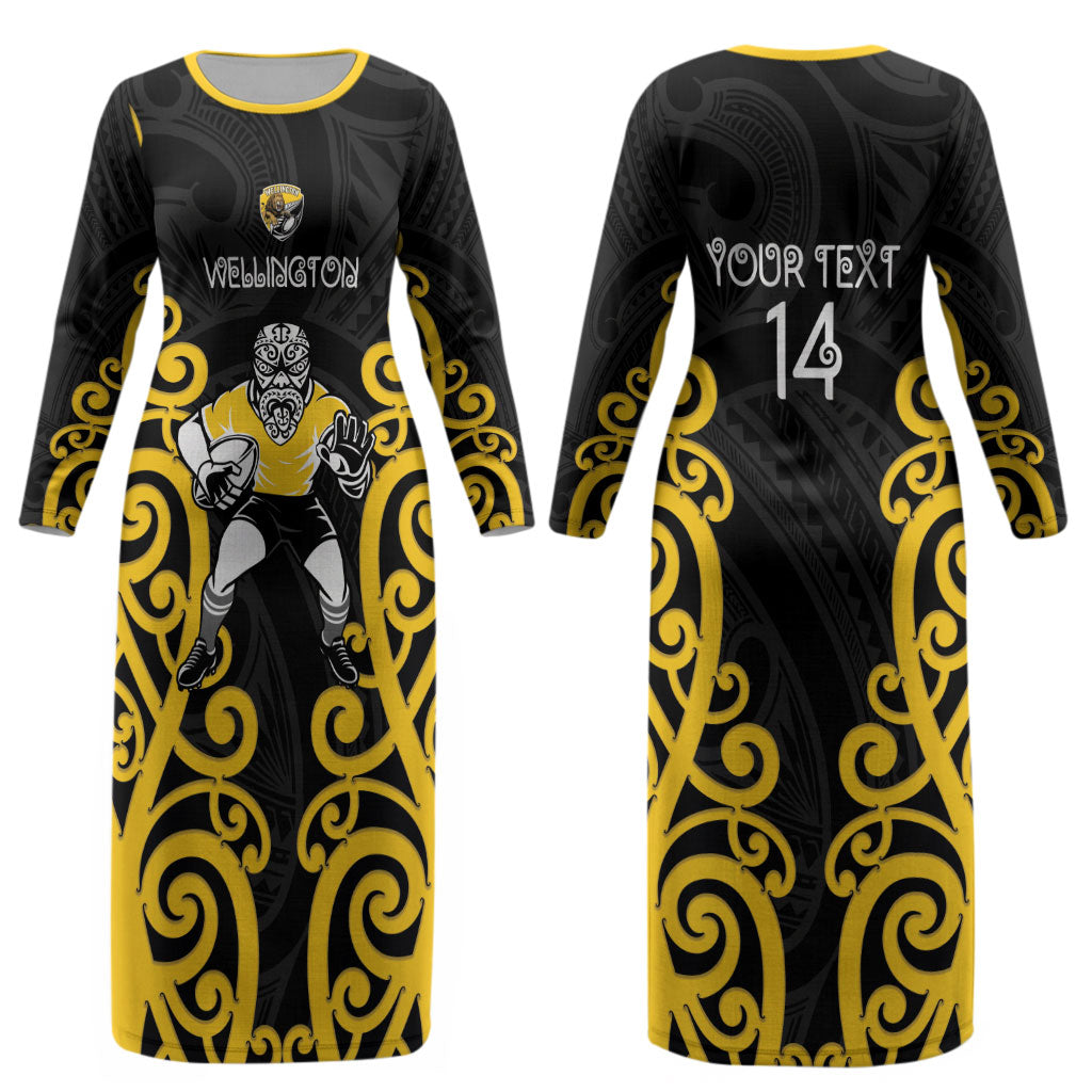 Wellington Custom Rugby New Zealand Couples Matching Long Sleeve Bodycon Dress and Hawaiian Shirt Aotearoa Maori Pukana Tiki Mascot