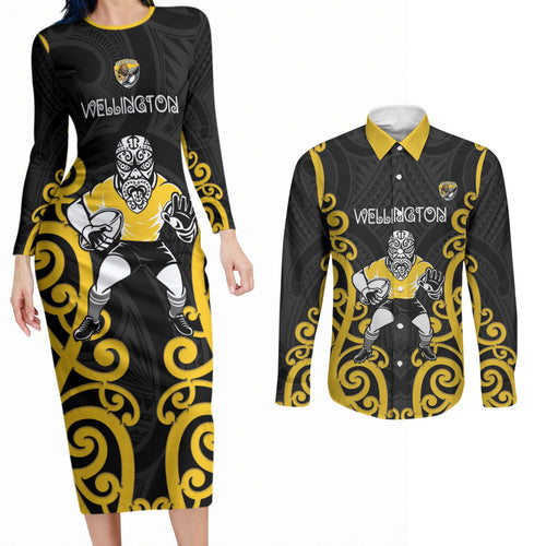 Wellington Custom Rugby New Zealand Couples Matching Long Sleeve Bodycon Dress and Long Sleeve Button Shirt Aotearoa Maori Pukana Tiki Mascot