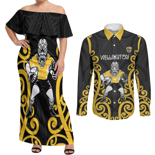 Wellington Custom Rugby New Zealand Couples Matching Off Shoulder Maxi Dress and Long Sleeve Button Shirt Aotearoa Maori Pukana Tiki Mascot