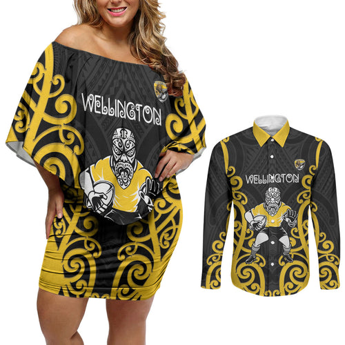 Wellington Custom Rugby New Zealand Couples Matching Off Shoulder Short Dress and Long Sleeve Button Shirt Aotearoa Maori Pukana Tiki Mascot