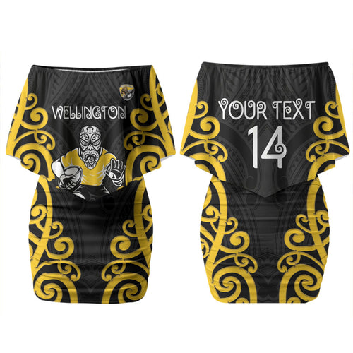 Wellington Custom Rugby New Zealand Couples Matching Off Shoulder Short Dress and Long Sleeve Button Shirt Aotearoa Maori Pukana Tiki Mascot