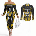 Wellington Custom Rugby New Zealand Couples Matching Off The Shoulder Long Sleeve Dress and Long Sleeve Button Shirt Aotearoa Maori Pukana Tiki Mascot