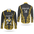 Wellington Custom Rugby New Zealand Couples Matching Off The Shoulder Long Sleeve Dress and Long Sleeve Button Shirt Aotearoa Maori Pukana Tiki Mascot