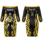 Wellington Custom Rugby New Zealand Couples Matching Off The Shoulder Long Sleeve Dress and Long Sleeve Button Shirt Aotearoa Maori Pukana Tiki Mascot