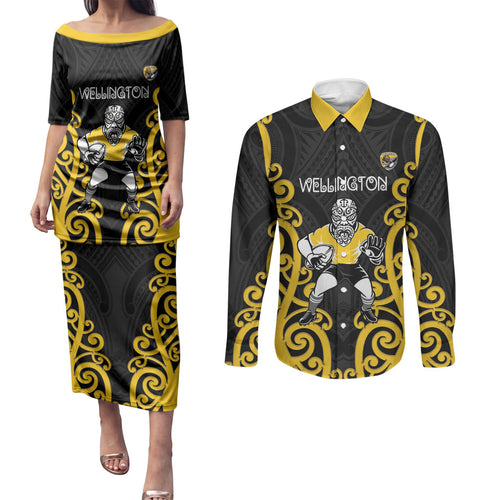 Wellington Custom Rugby New Zealand Couples Matching Puletasi and Long Sleeve Button Shirt Aotearoa Maori Pukana Tiki Mascot