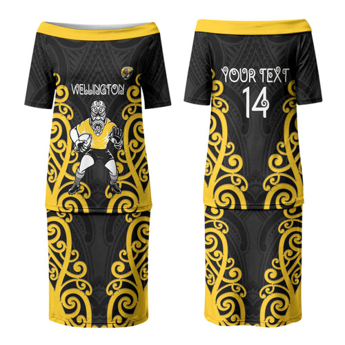 Wellington Custom Rugby New Zealand Couples Matching Puletasi and Long Sleeve Button Shirt Aotearoa Maori Pukana Tiki Mascot