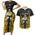 Wellington Custom Rugby New Zealand Couples Matching Short Sleeve Bodycon Dress and Hawaiian Shirt Aotearoa Maori Pukana Tiki Mascot