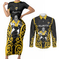 Wellington Custom Rugby New Zealand Couples Matching Short Sleeve Bodycon Dress and Long Sleeve Button Shirt Aotearoa Maori Pukana Tiki Mascot