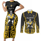 Wellington Custom Rugby New Zealand Couples Matching Short Sleeve Bodycon Dress and Long Sleeve Button Shirt Aotearoa Maori Pukana Tiki Mascot