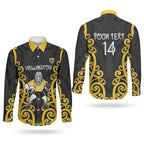 Wellington Custom Rugby New Zealand Couples Matching Short Sleeve Bodycon Dress and Long Sleeve Button Shirt Aotearoa Maori Pukana Tiki Mascot