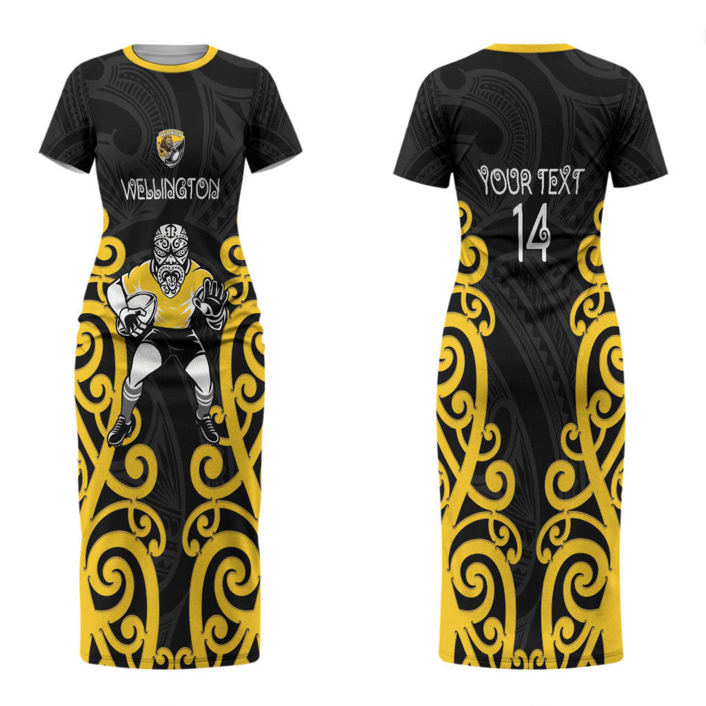 Wellington Custom Rugby New Zealand Couples Matching Short Sleeve Bodycon Dress and Long Sleeve Button Shirt Aotearoa Maori Pukana Tiki Mascot