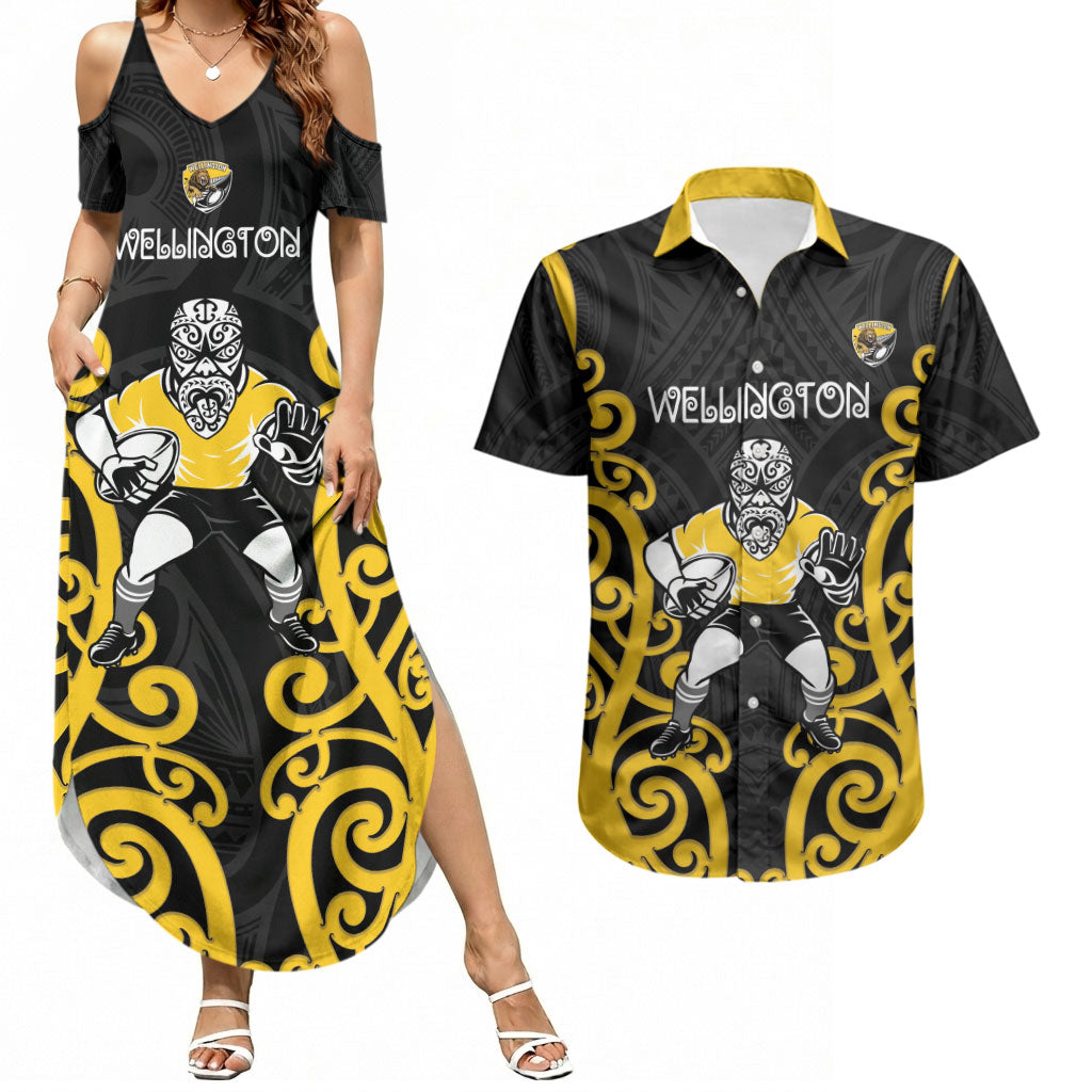Wellington Custom Rugby New Zealand Couples Matching Summer Maxi Dress and Hawaiian Shirt Aotearoa Maori Pukana Tiki Mascot