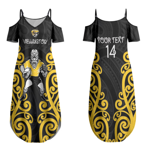 Wellington Custom Rugby New Zealand Couples Matching Summer Maxi Dress and Hawaiian Shirt Aotearoa Maori Pukana Tiki Mascot