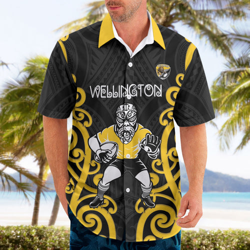 Wellington Custom Rugby New Zealand Hawaiian Shirt Aotearoa Maori Pukana Tiki Mascot