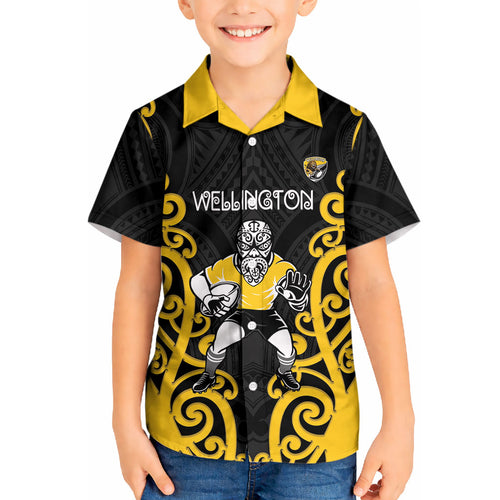 Wellington Custom Rugby New Zealand Kid Hawaiian Shirt Aotearoa Maori Pukana Tiki Mascot