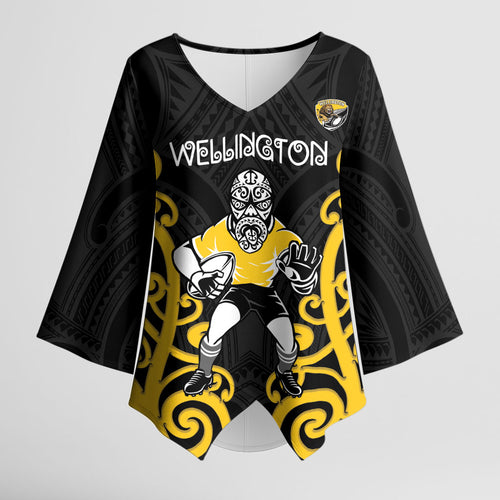 Wellington Custom Rugby New Zealand Kimono Sleeve Blouse Aotearoa Maori Pukana Tiki Mascot