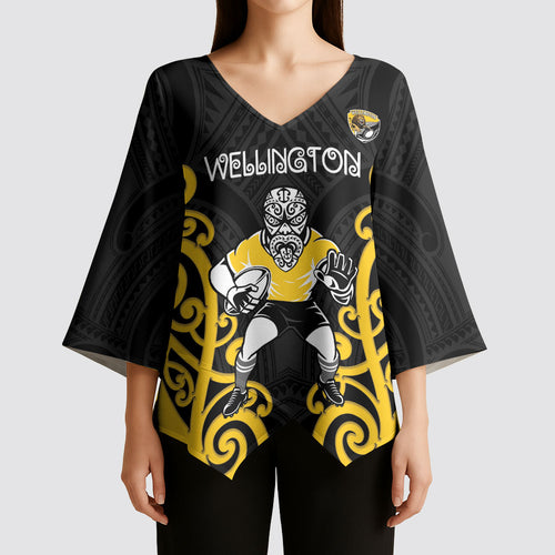 Wellington Custom Rugby New Zealand Kimono Sleeve Blouse Aotearoa Maori Pukana Tiki Mascot