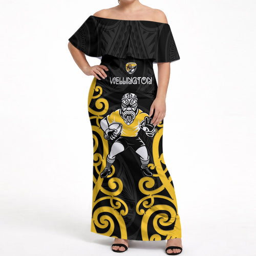 Wellington Custom Rugby New Zealand Off Shoulder Maxi Dress Aotearoa Maori Pukana Tiki Mascot