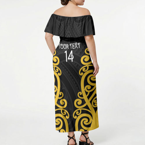 Wellington Custom Rugby New Zealand Off Shoulder Maxi Dress Aotearoa Maori Pukana Tiki Mascot
