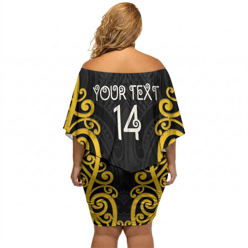 Wellington Custom Rugby New Zealand Off Shoulder Short Dress Aotearoa Maori Pukana Tiki Mascot