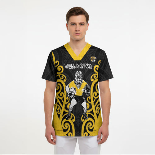 Wellington Custom Rugby New Zealand Scrub Top Aotearoa Maori Pukana Tiki Mascot
