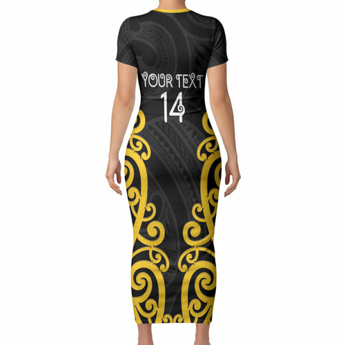 Wellington Custom Rugby New Zealand Short Sleeve Bodycon Dress Aotearoa Maori Pukana Tiki Mascot