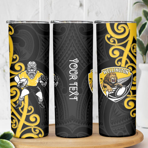 Wellington Custom Rugby New Zealand Skinny Tumbler Aotearoa Maori Pukana Tiki Mascot