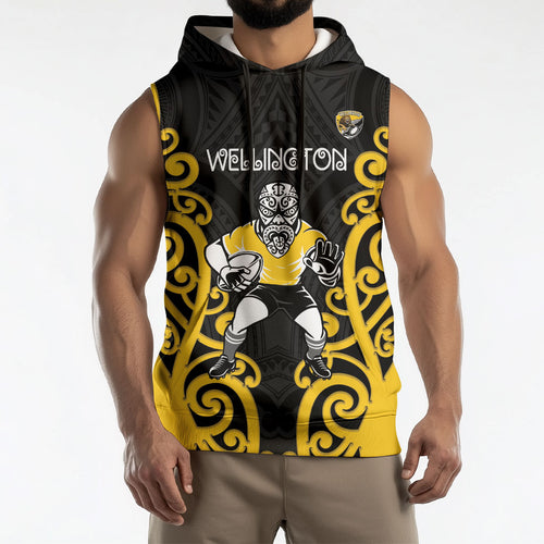 Wellington Custom Rugby New Zealand Sleeveless Hoodie Aotearoa Maori Pukana Tiki Mascot