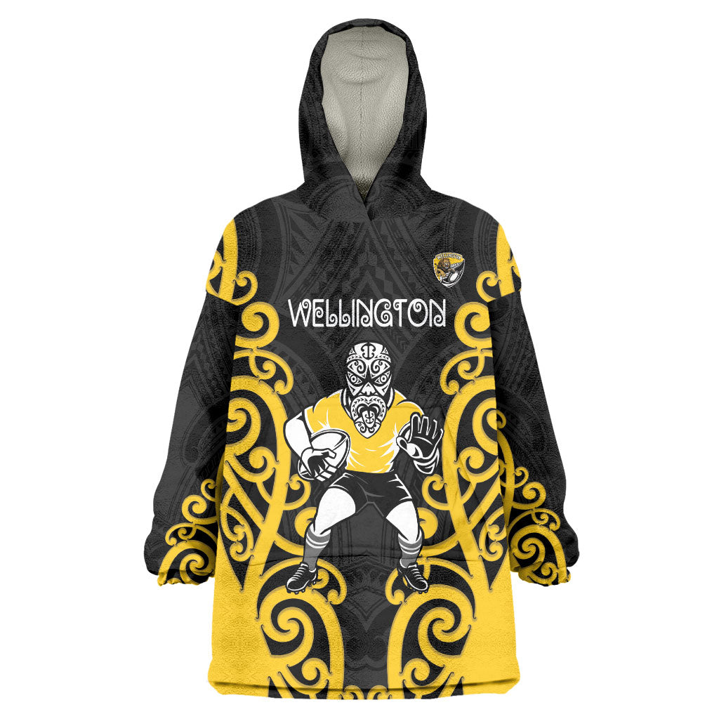 Wellington Custom Rugby New Zealand Wearable Blanket Hoodie Aotearoa Maori Pukana Tiki Mascot