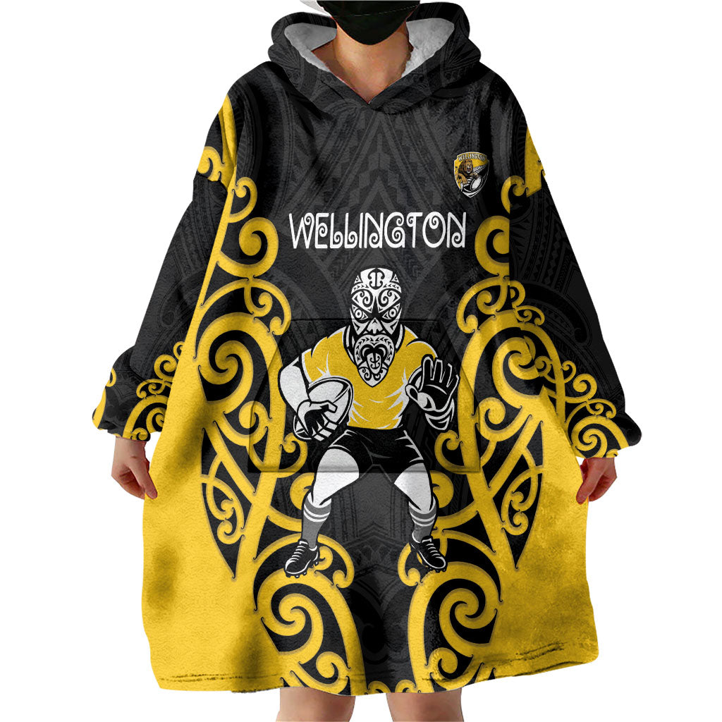 Wellington Custom Rugby New Zealand Wearable Blanket Hoodie Aotearoa Maori Pukana Tiki Mascot