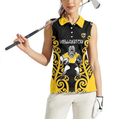 Wellington Custom Rugby New Zealand Women Sleeveless Polo Shirt Aotearoa Maori Pukana Tiki Mascot